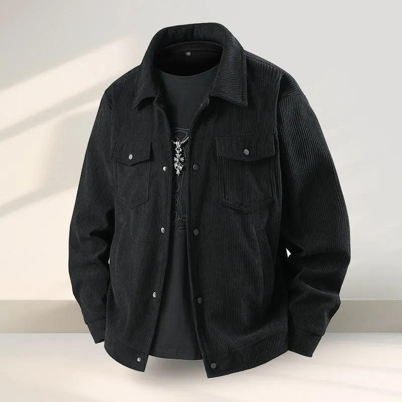 Men's slim-fit black Lycra sports casual coat with a full lining on a hanger