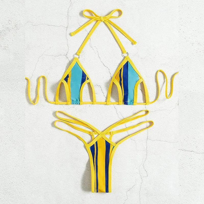 Women's split swimsuit in yellow with neck-hanging top, high-waist bottom, and backless hollow cut