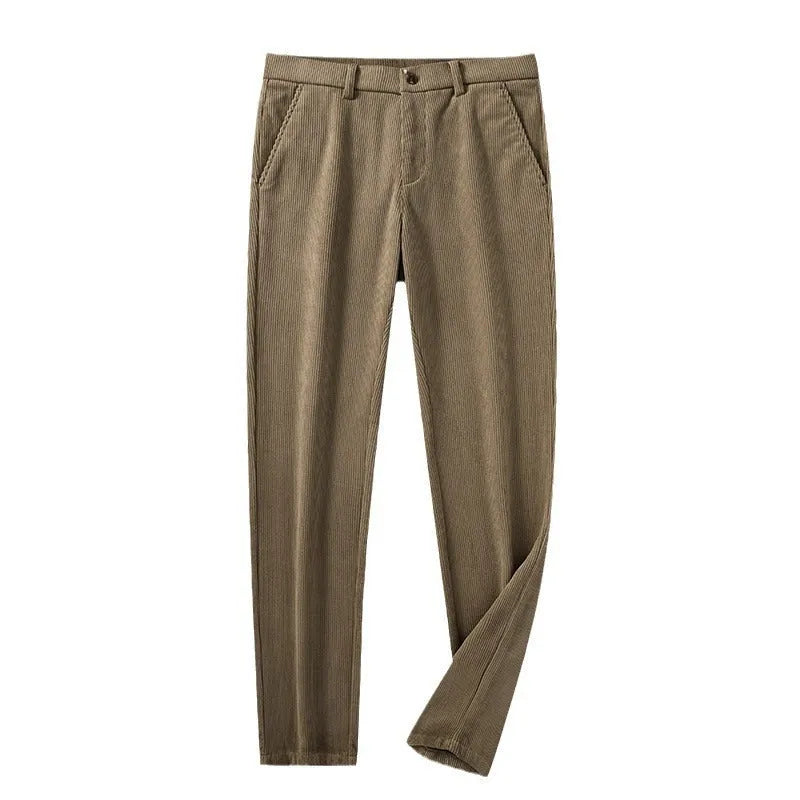 British retro striped straight leg trousers for men, available in khaki colour, showing side view