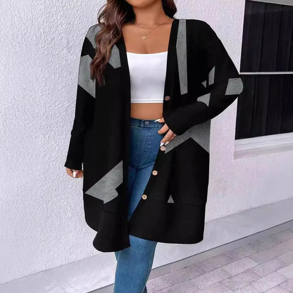 Black plus size cardigan coat with button stitching printing and loose casual fit