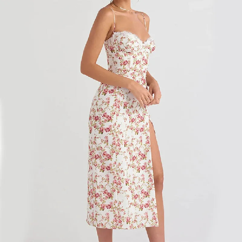Blue lace flowers print long dress with a thigh slit and thin suspender straps.