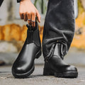 Vintage brown genuine leather unisex Chelsea boots with a chunky sole and frosted finish.