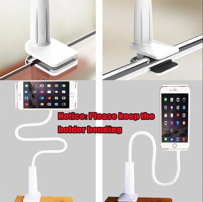 Black bedside oversize flat panel handset holder with long arm extended, holding a mobile phone.