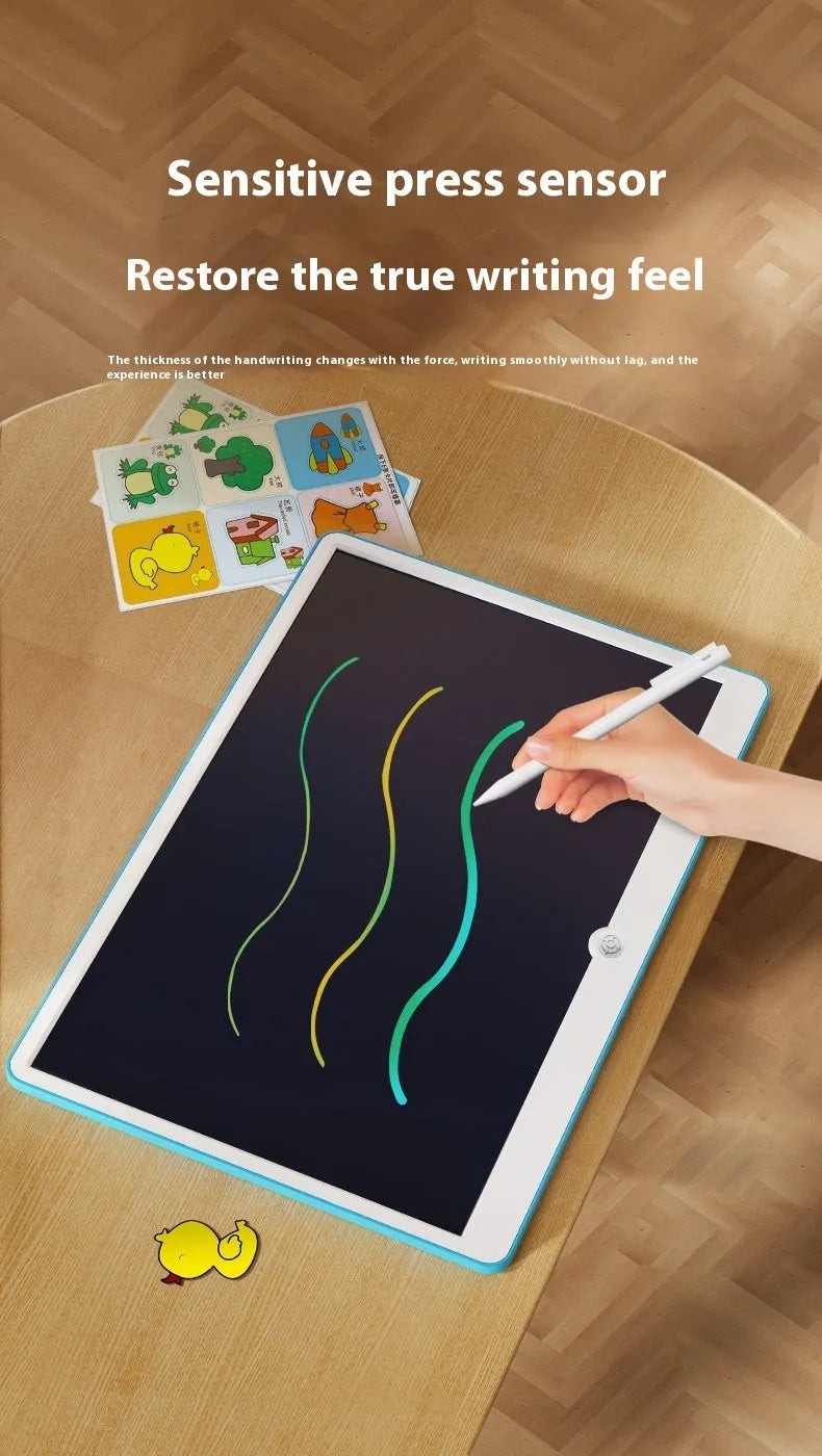 19-inch LCD drawing board for children in blue and white colour with attached stylus on screen.