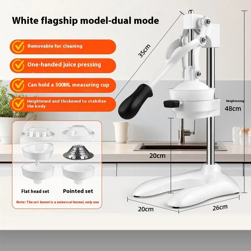 Commercial manual orange juicer with long stainless steel lever and quick-disassembly parts on a counter.