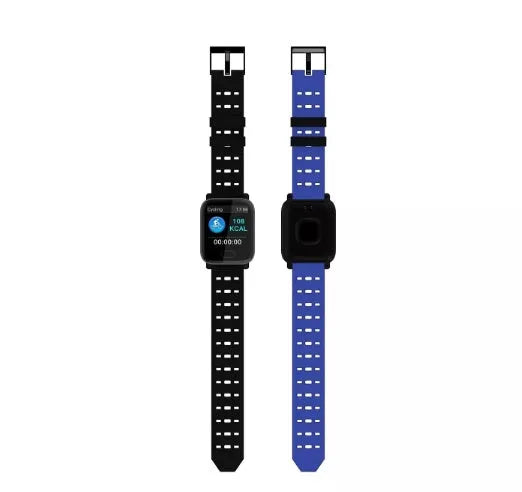 A6 smart bracelet with colour touchscreen and silicone strap in blue, black, or orange colours