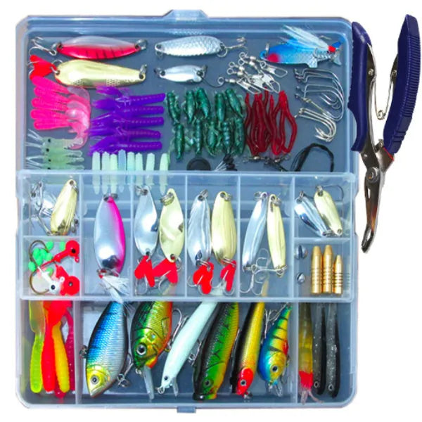 Rose red treasure coloured fishing lure set case containing 132 pieces of plastic soft baits and high carbon steel fishhooks