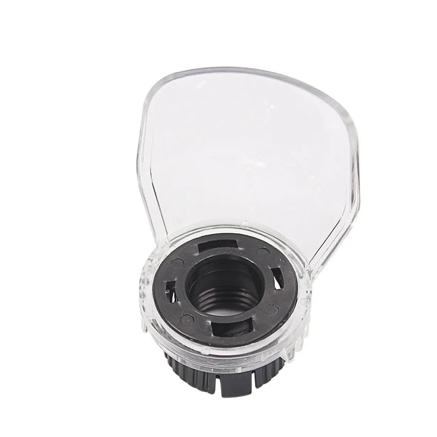 Transparent plastic horn safety cover for Delta electric grinders on a workbench.