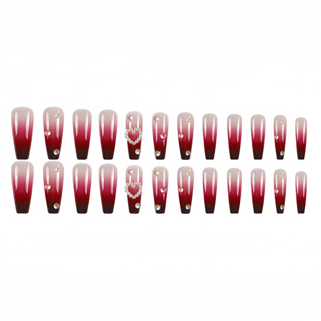 Wine red gradient fake nail tip with pearl heart accent and plaid pattern