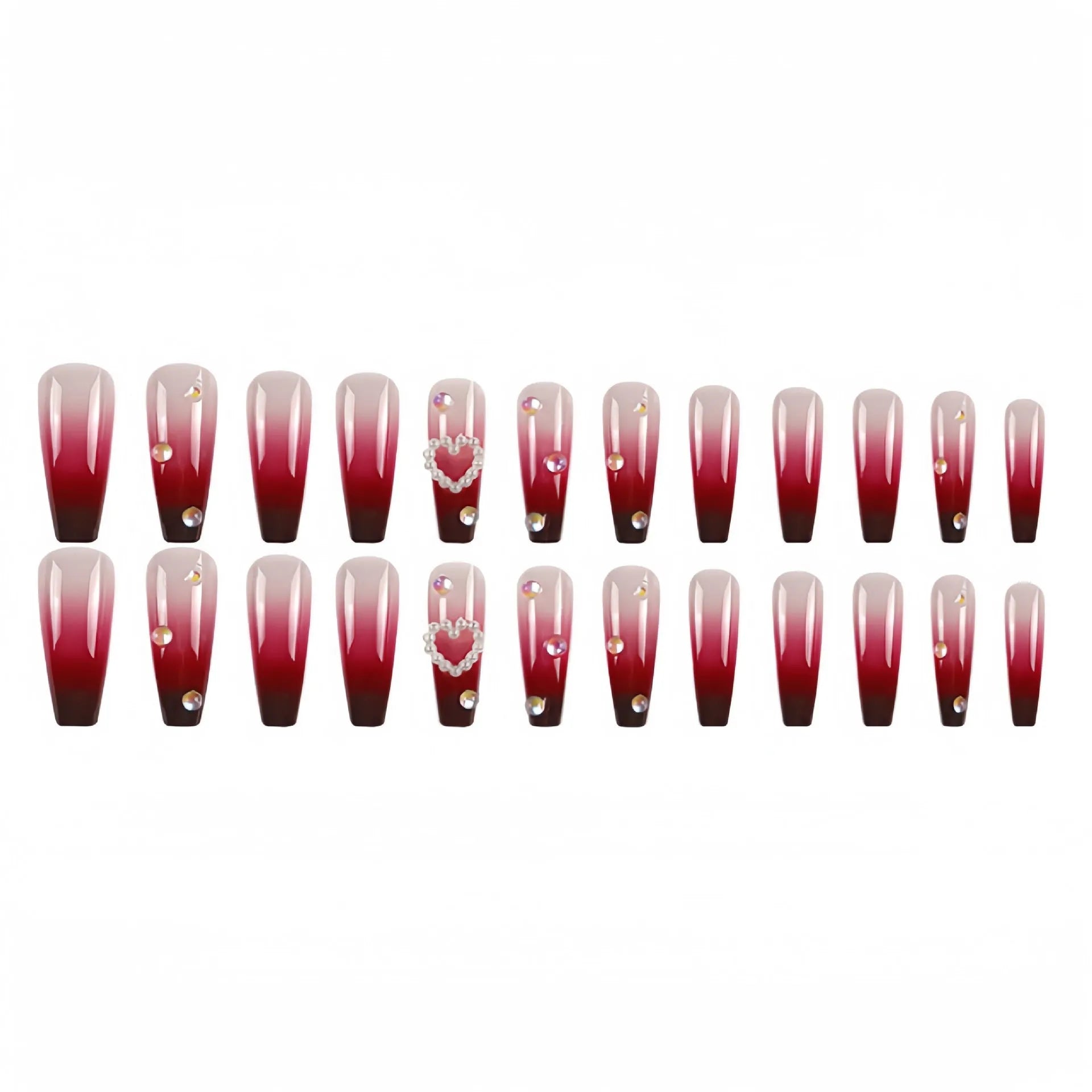 Wine red gradient fake nail tip with pearl heart accent and plaid pattern