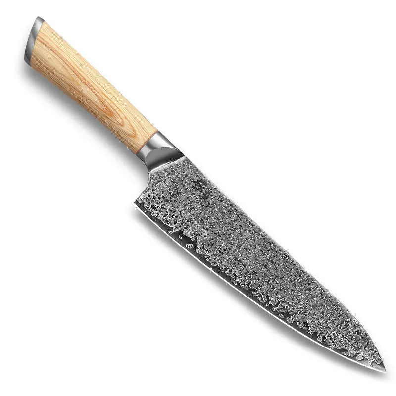 Damascus 8-piece kitchen knife set with 67-layer steel blades in New Chinese style on a wooden board