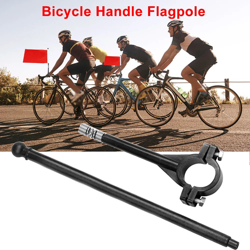 A small square polyester flag on a plastic handlebar flagpole for bicycles.