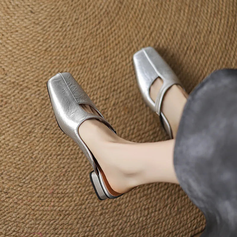 Leisure low heel slippers with square toe in black, beige, and silver on rubber sole.