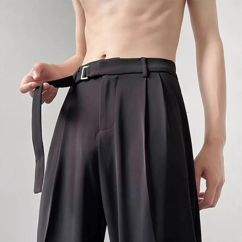 Black straight leg loose cut pants with non-iron chemical fibre blend fabric, front view