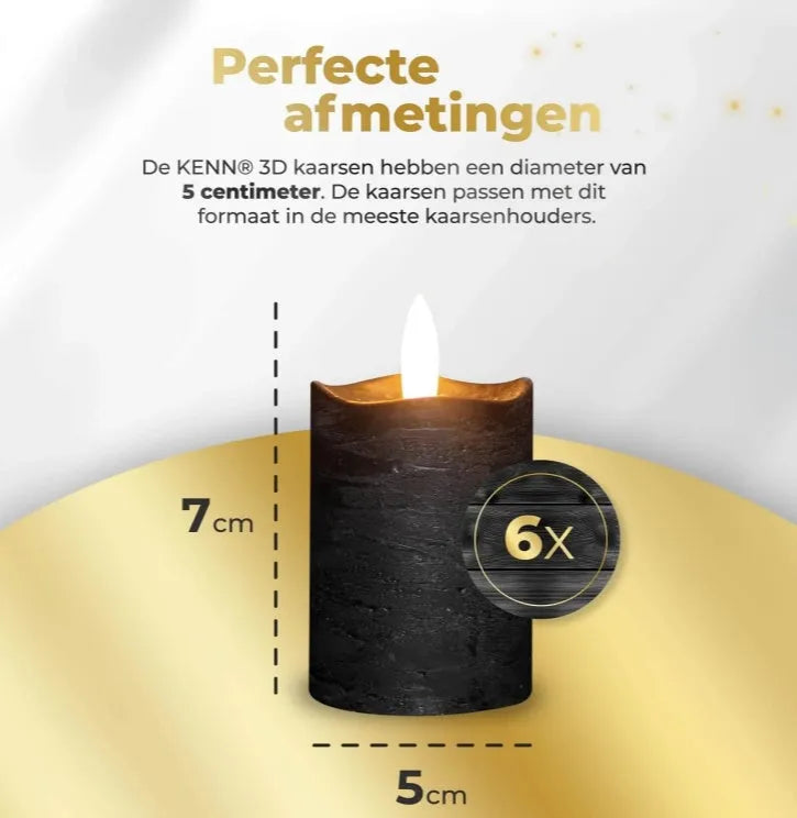 Black S6 LED pillar candle measuring 5cm wide and 7cm tall on a surface.