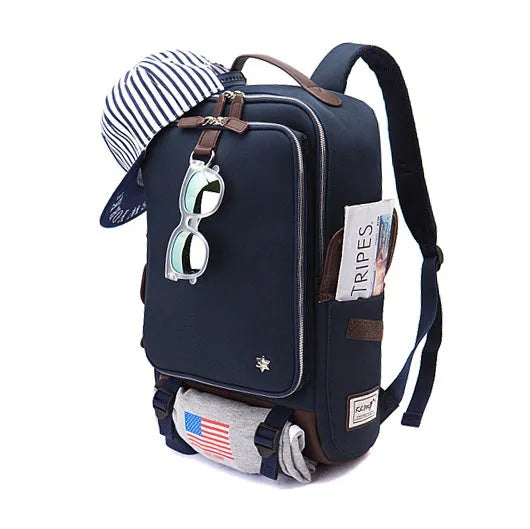Men's modern Oxford cloth backpack in army green colour, showing its large 30x16x46cm capacity and Korean-style design.