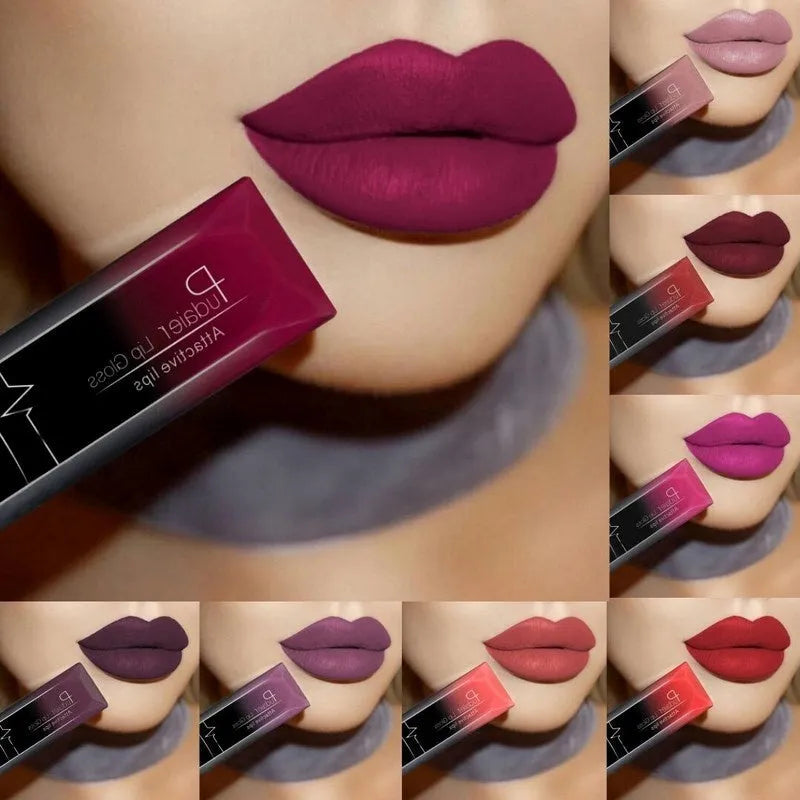 Matte lip gloss lipstick in 8ml tube with 21 colour options, long-lasting waterproof finish