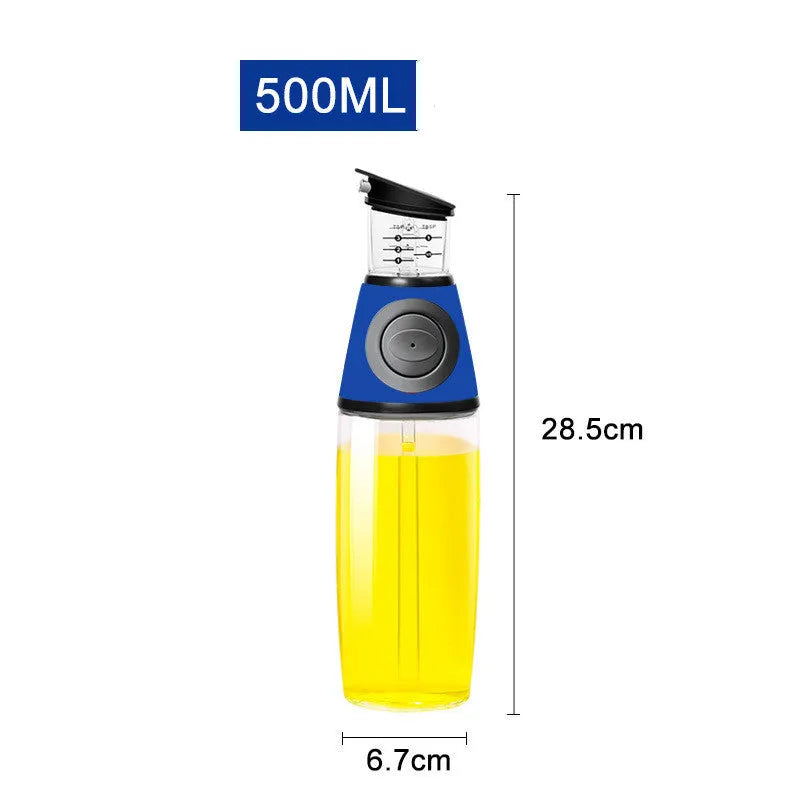500ml high white glass measurable oil bottle with slim 8x28.5cm shape on kitchen countertop