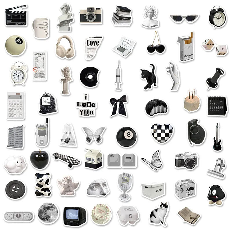 61 black and white PVC waterproof stickers for laptops, phones and multiple surfaces