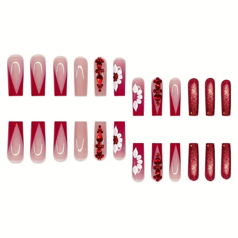 Sweet flower pattern press-on nails with red diamond decoration in European square shape