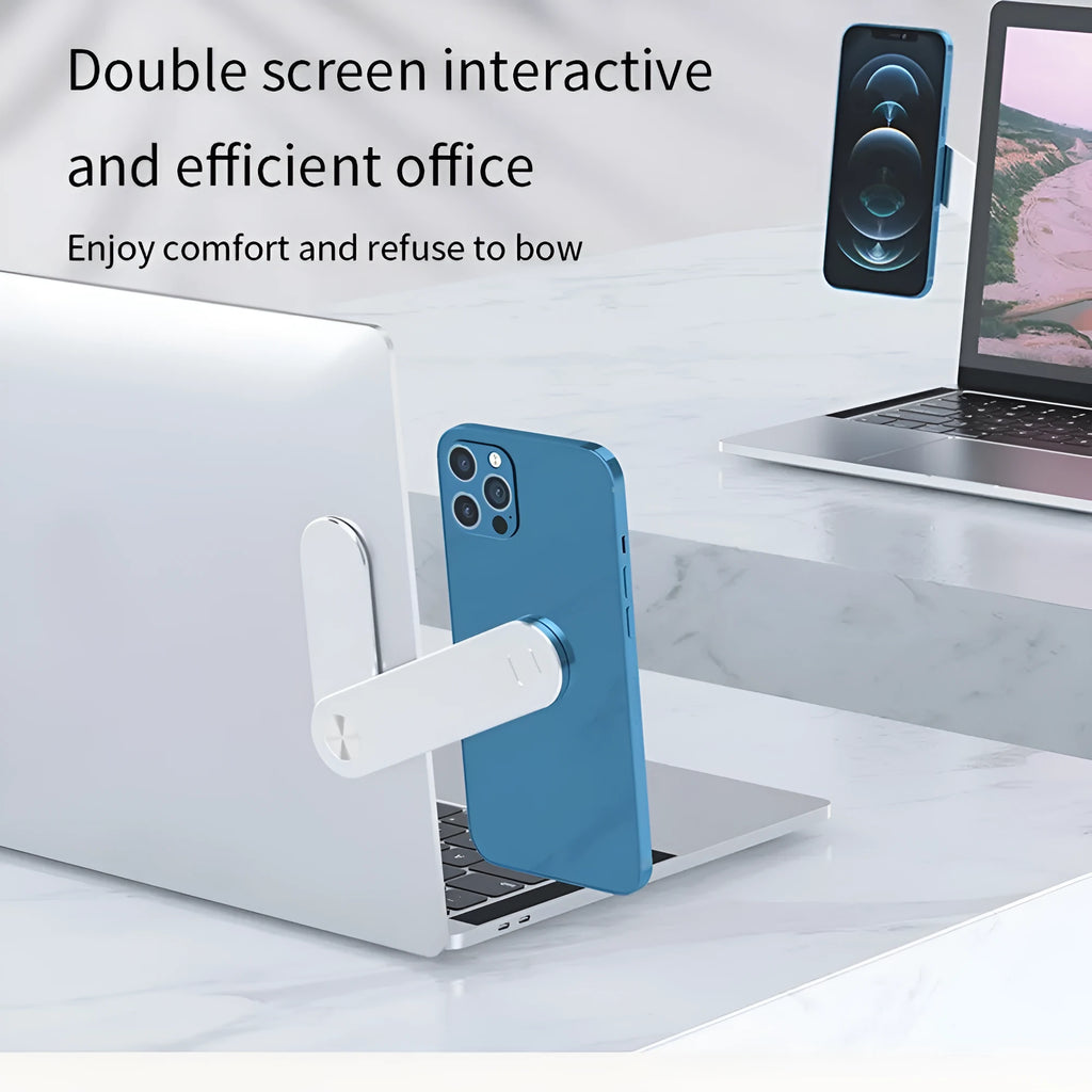 Black aluminium laptop phone holder with magnetic mount attached to laptop side