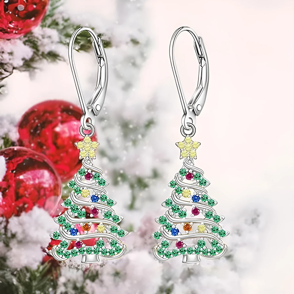 Women's Christmas tree earring pendants with star design in white gold colour finish