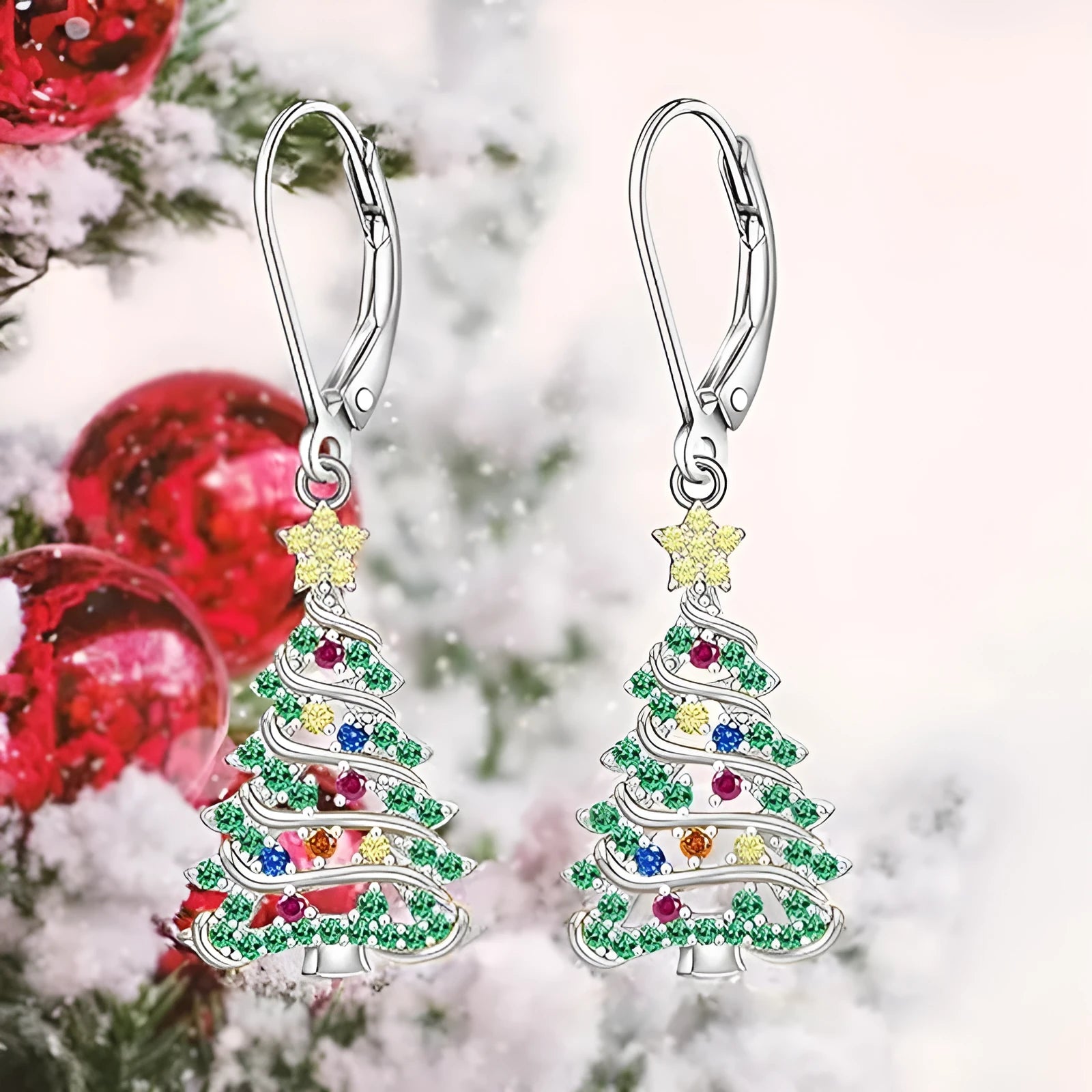 Women's Christmas tree earring pendants with star design in white gold colour finish