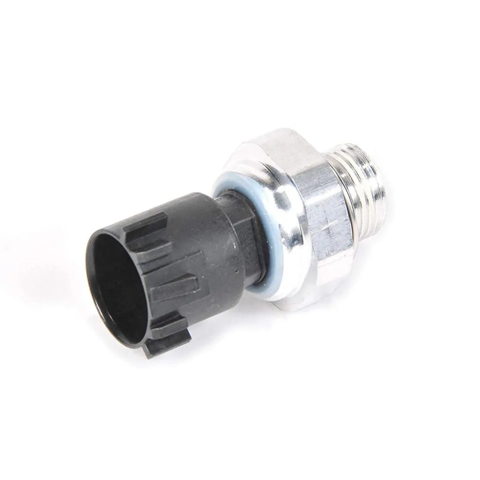 Silver-coloured automobile fuel pressure sensor with cylindrical design and electrical connectors