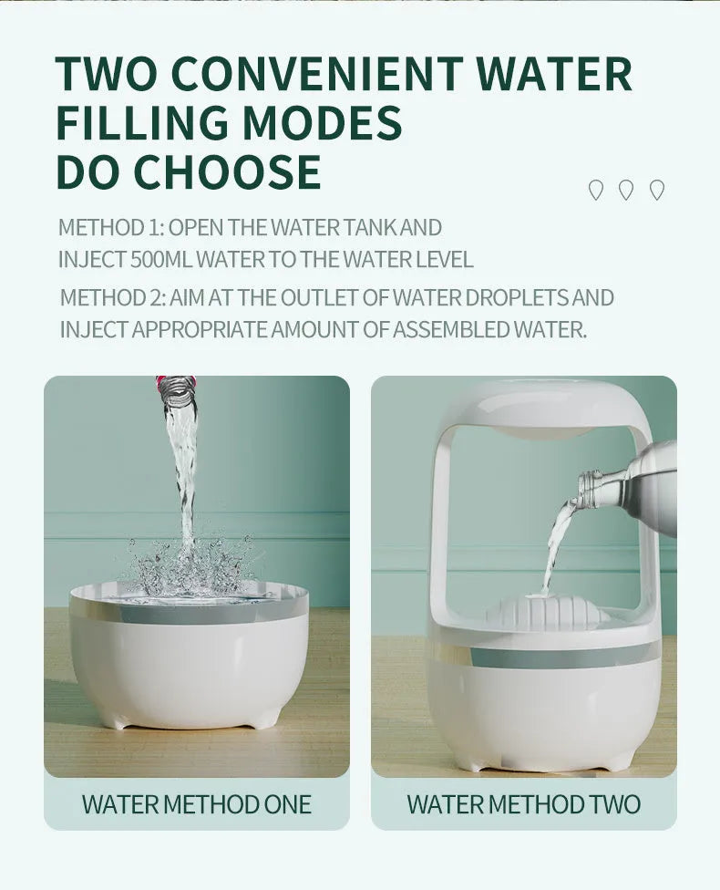 Anti gravity water drop backflow humidifier with 500ml tank in white on a desk