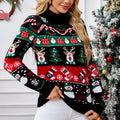 Women's long-sleeved turtleneck sweater with contrast animal print in Black Christmas colour, slim fit pullover style