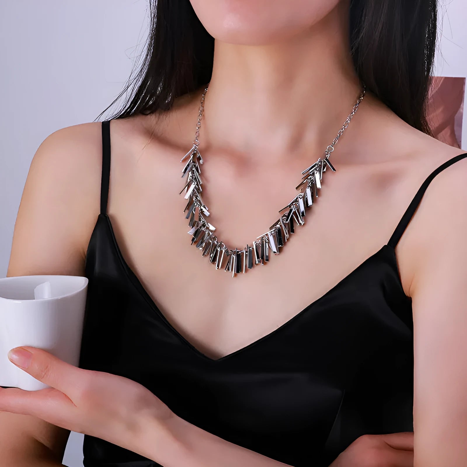 Silver square geometric pendant necklace with tassels on adjustable clavicle chain 31-40cm for women