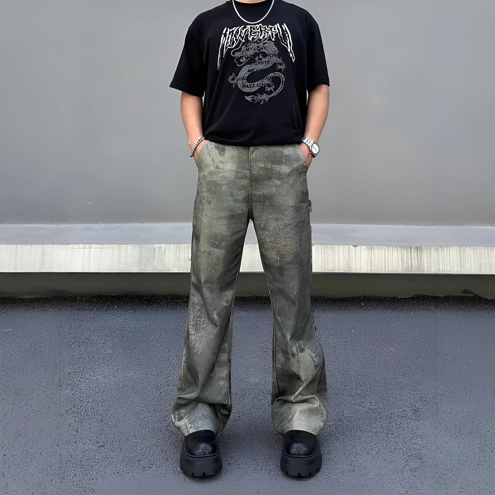 Men's straight leg jeans with a retro digital camouflage print on blue denim fabric.