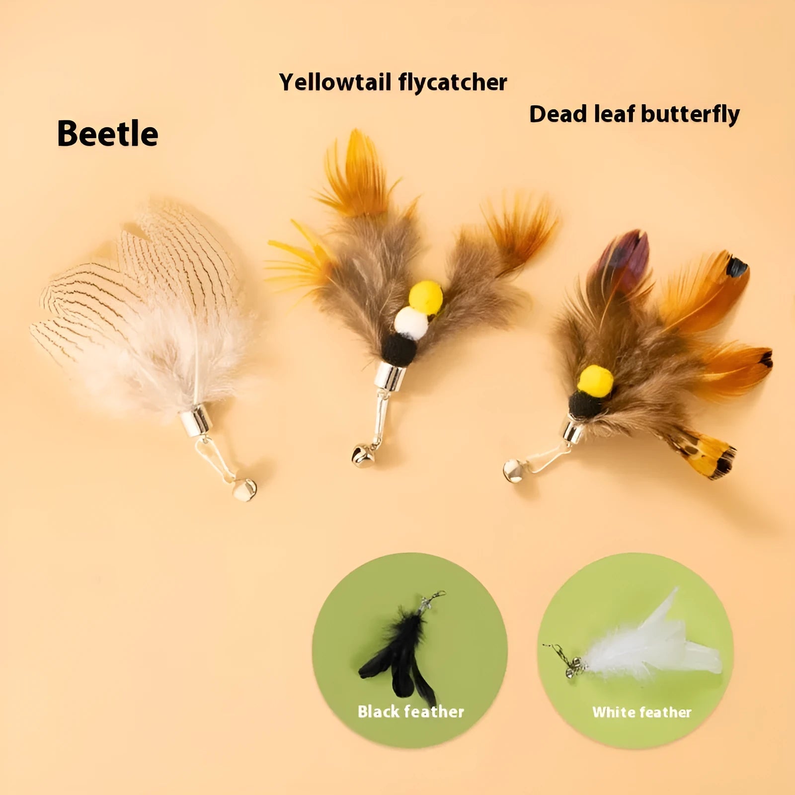 Three steel wire cat toy replacement heads with small flying insect designs on a white background