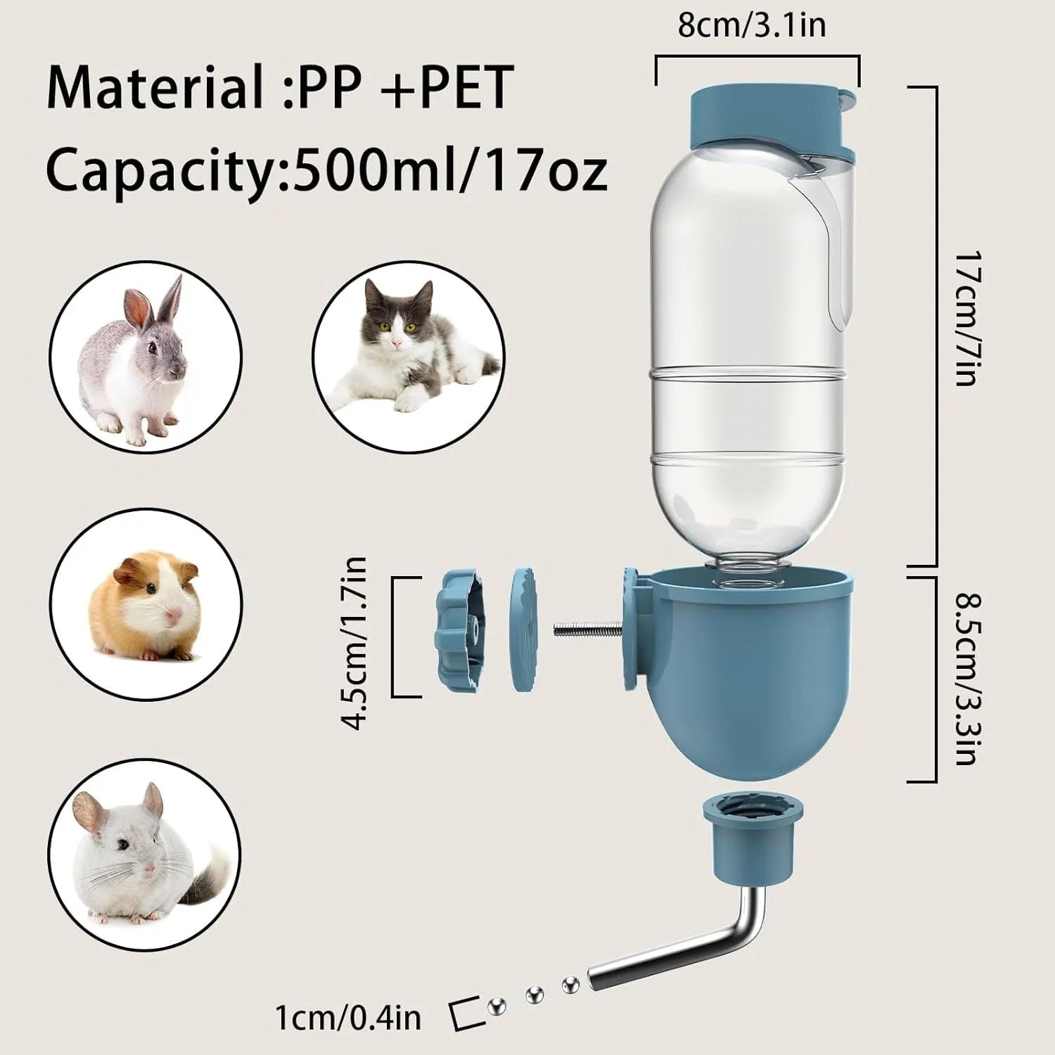 Blue small animal water bottle attached to cage bars with rotatable drinking nozzle