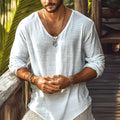 Beige V-neck long-sleeved slim fit T-shirt made from hemp-blend fabric.
