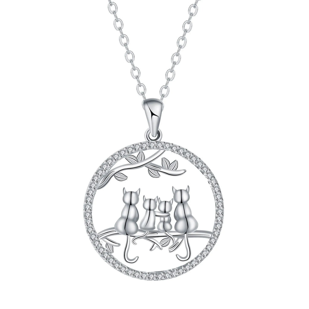 Copper Four Kitten Necklace with cross chain, electroplated finish, original cat design.
