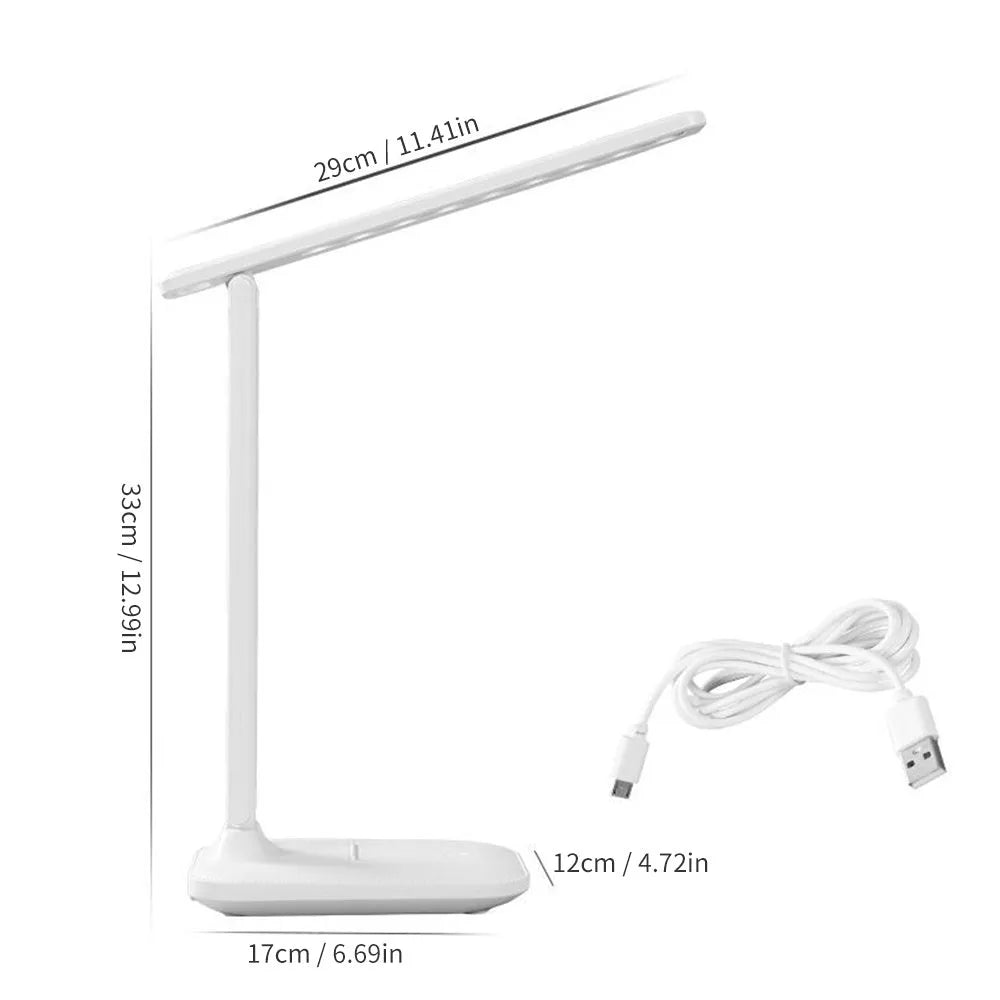 White plastic bedside lamp with touch controls and USB charging port