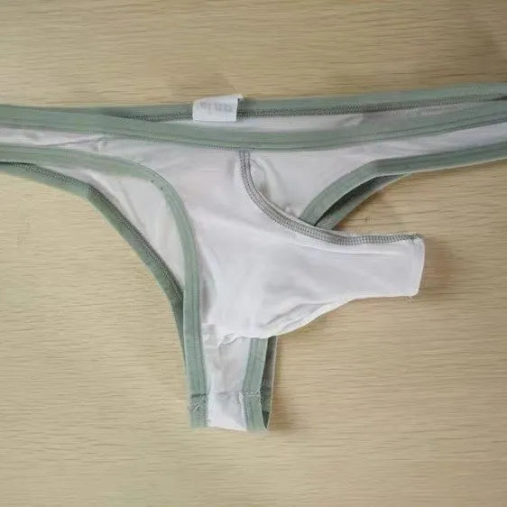 Men's white nylon ice silk small briefs with elephant nose style cut on a flat lay.