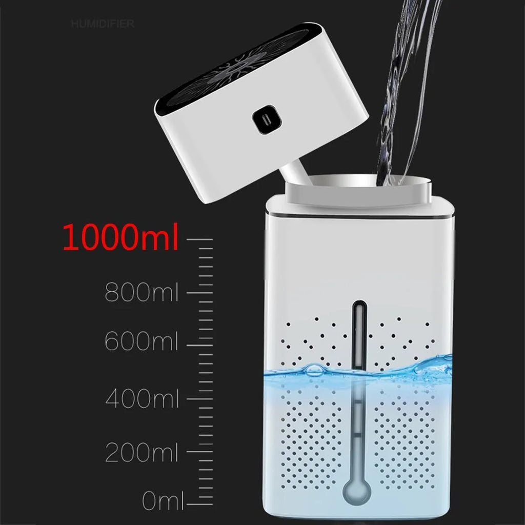 Black or white desktop humidifier measuring 103mm wide by 218mm tall with 1000ml capacity