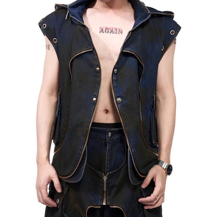 Blue heavy industry hooded denim vest and matching trousers set on a model, showing zippered front and Korean style.