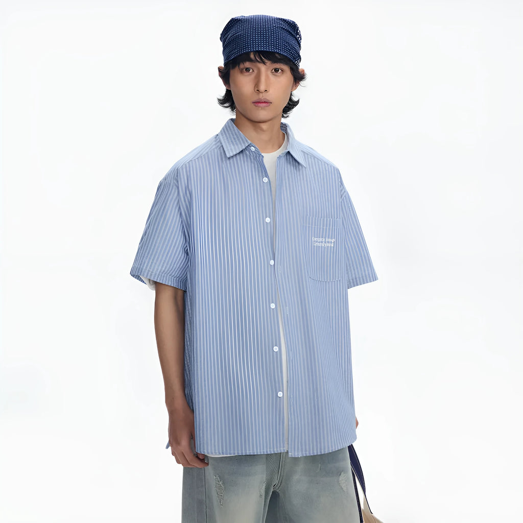 Blue striped overalls short-sleeved shirt for men and women, loose fit cardigan style, cotton blend fabric.