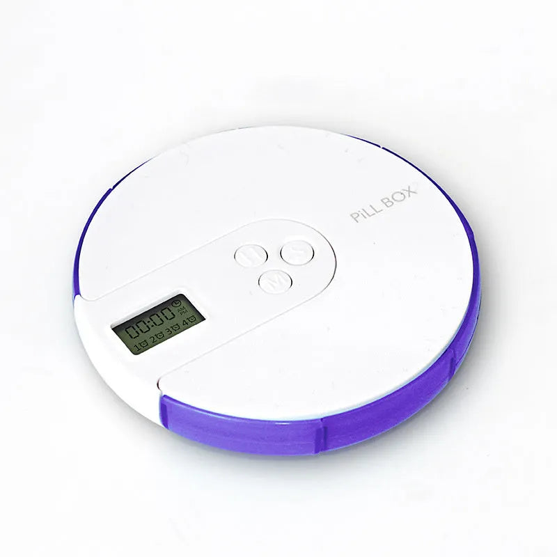 7-compartment alarm clock pill dispenser showing eight colour options with 11cm square dimensions