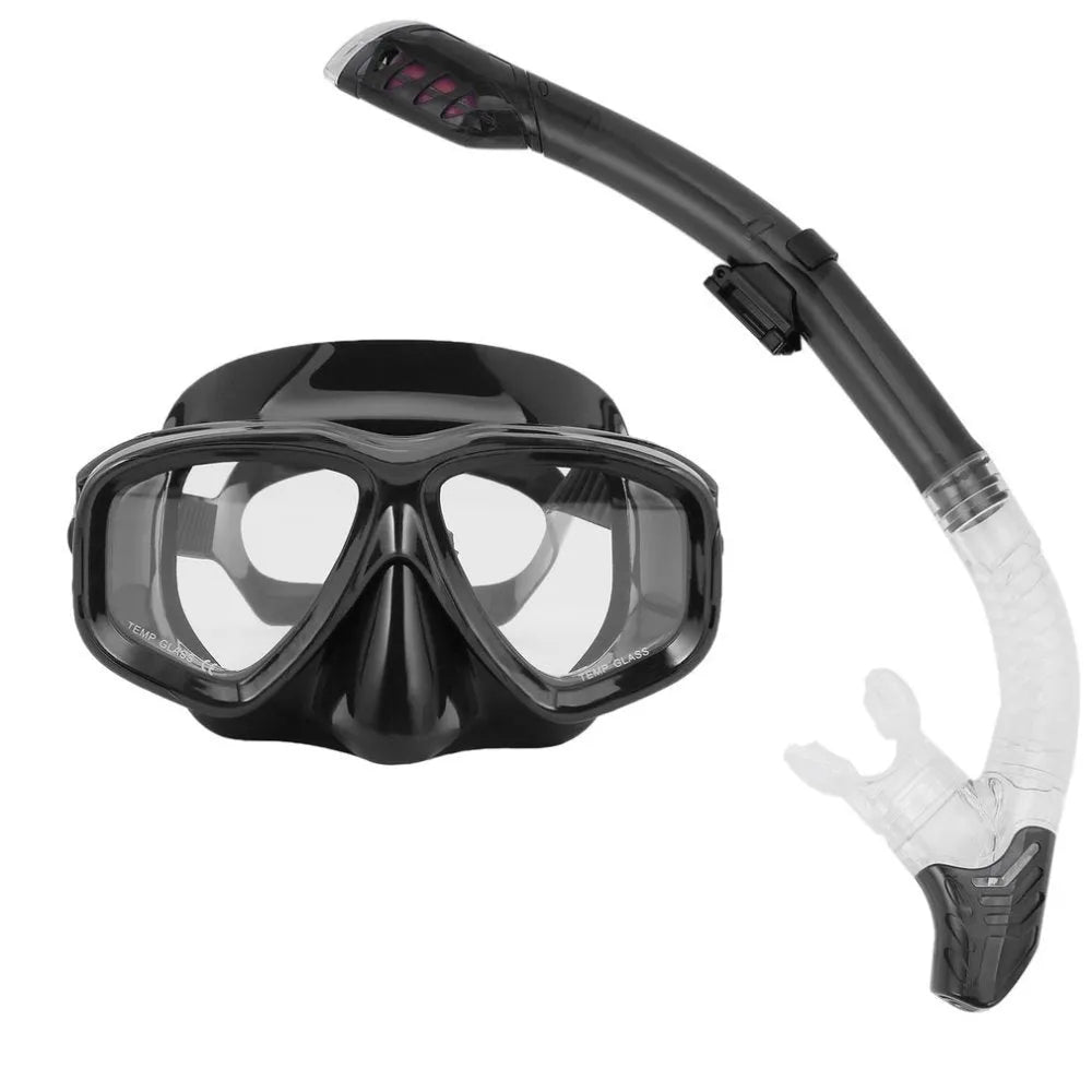 Set of black diving goggles with a PC frame, transparent glass lens, silicone mouthpiece, and adjustable strap