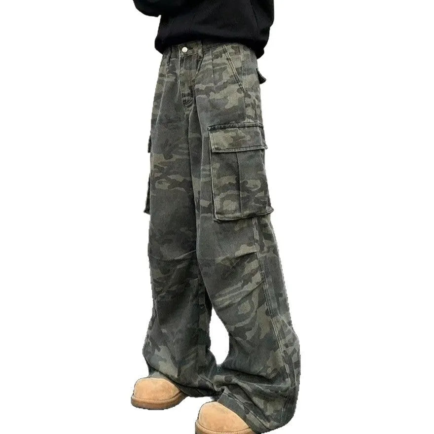 Korean-style washed camouflage cargo pants with multiple pockets on a mid-waist fit.