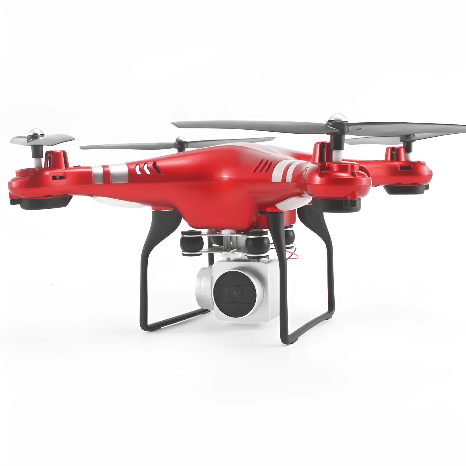 Black, red, or white alloy aerial photography drone with remote control handle, shown in flight.