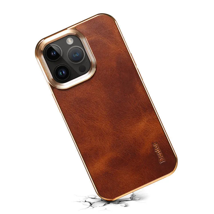Handmade leather iPhone case in vintage oil wax leather showing slim profile and precise button cutouts