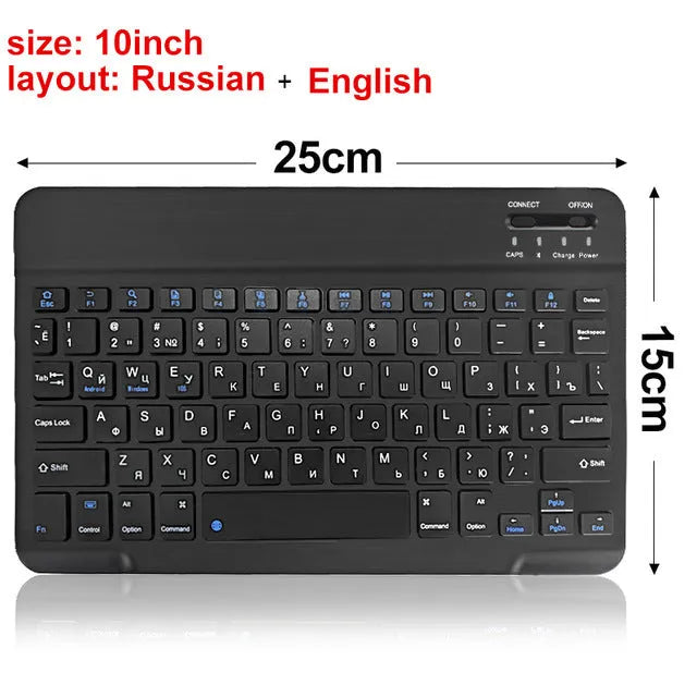 Black and white mini Bluetooth wireless keyboard shown in 10-inch, 9-inch, and 7-inch size options.