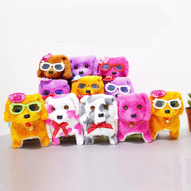 Electric musical plush dog in purple with walking rope and musical notes, 13x7x14cm