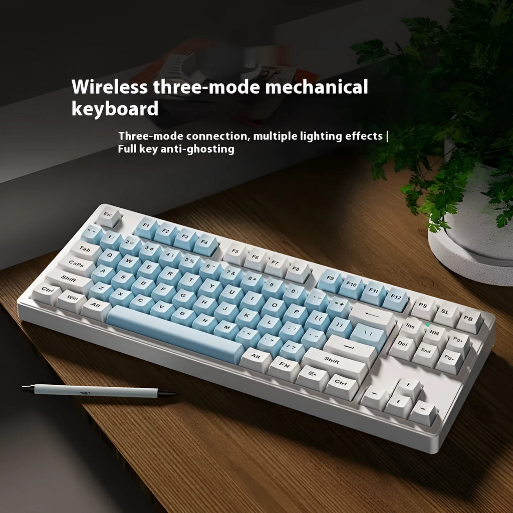 Office Game wireless mechanical keyboard showing three connectivity modes and available colour options