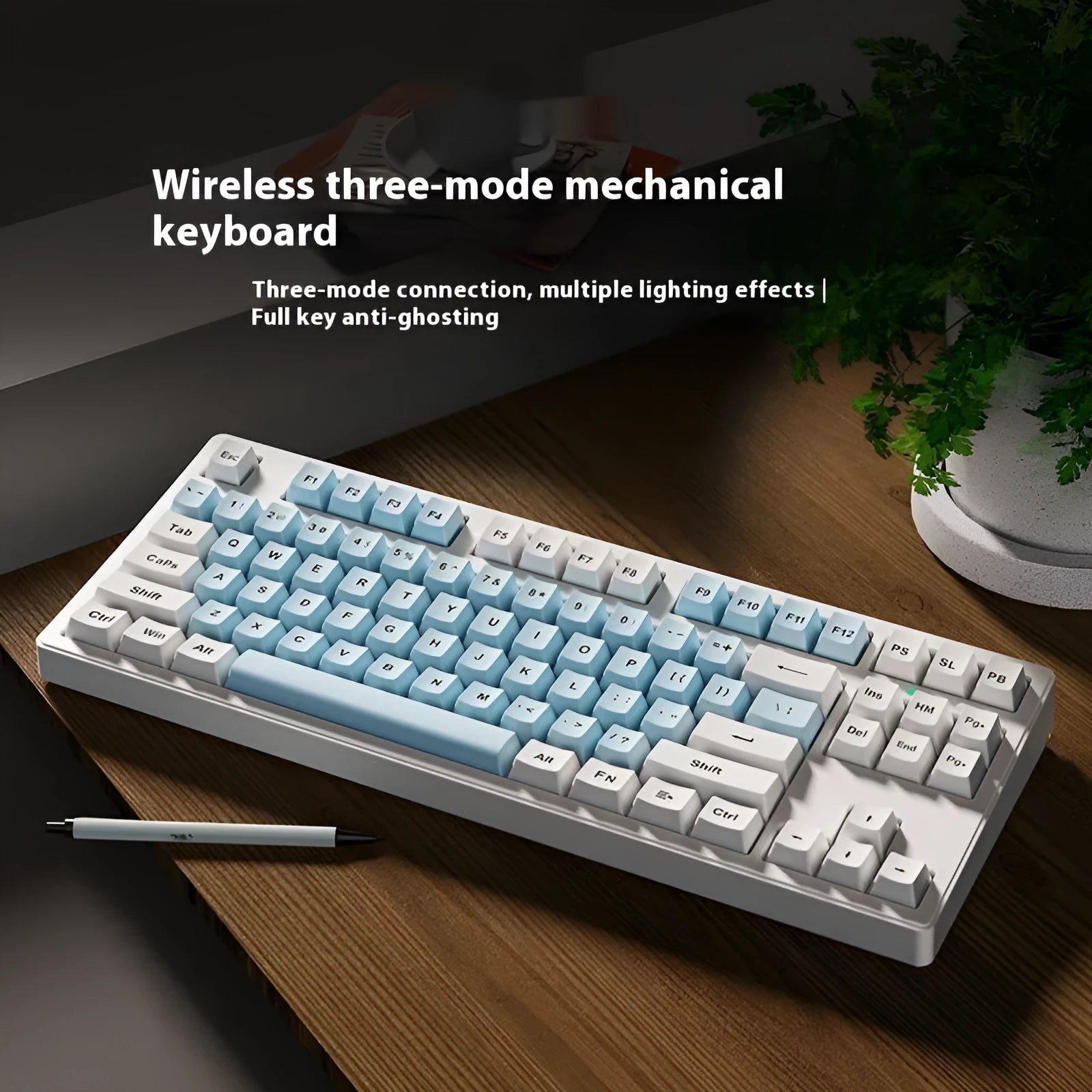 Office Game wireless mechanical keyboard showing three connectivity modes and available colour options